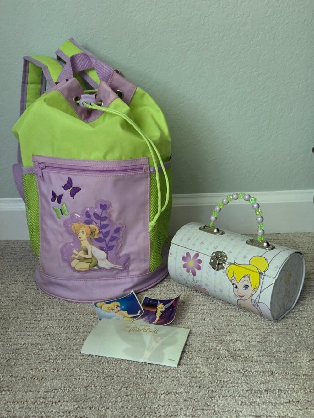 Lot Vintage Disney Fairy TINKER BELL Round Backpack and Beaded Handled Tin Box